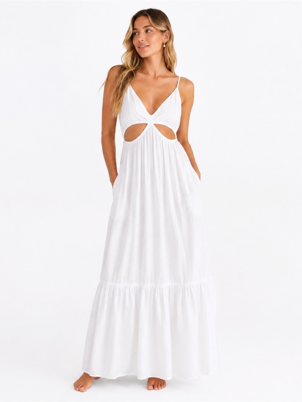 ABERCROMBIE & FITCH White Tiered Maxi Dress Pockets S Vacation Resort Wear Beach